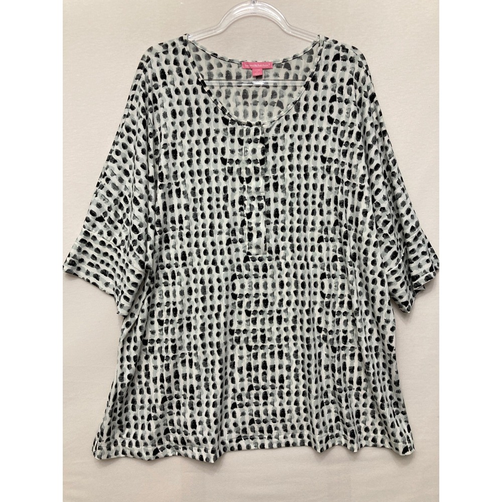 Woman Within Tunic 1X White Black Dot Print Scoop Neck Short Sleeve Casual